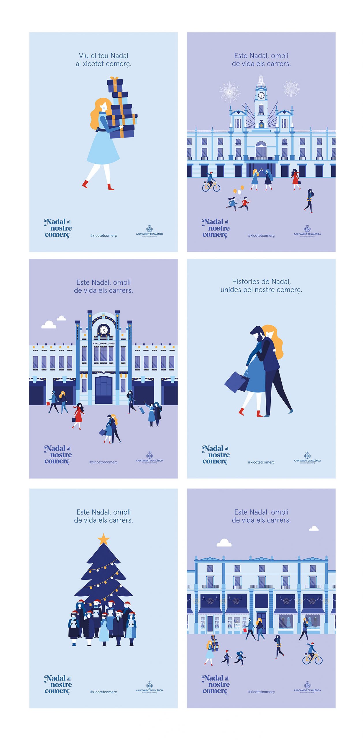 Campaña de publicidad Navidad 2018 - Campaña de comunicación Ayuntamiento de Valencia - Diseño de ilustración y cartelería Nadal al nostre comerç - Estudio de diseño gráfico Valencia Pixelarte